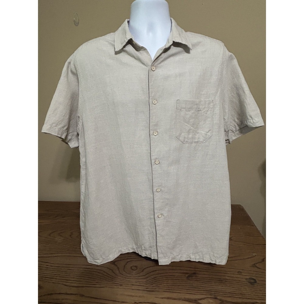 Jimmy Buffett's Margaritaville Men's Silk Linen Button-Down Khaki Shirt Large‎